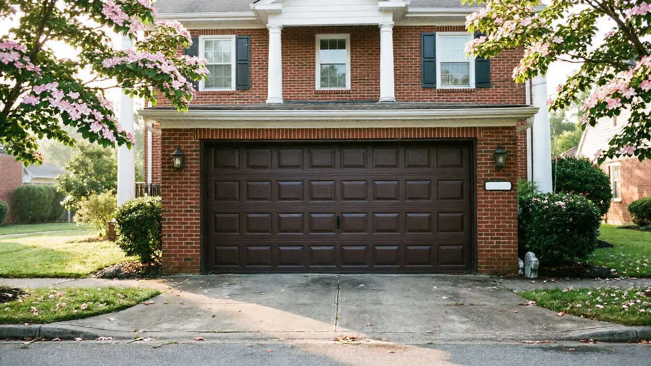 A brown paneled garage door is on a brick house with flowering trees.
