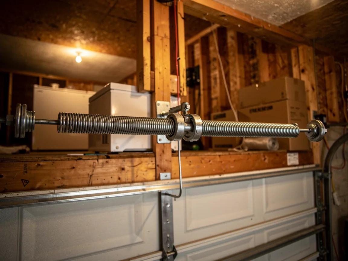 A garage door torsion spring is mounted above a white garage door.