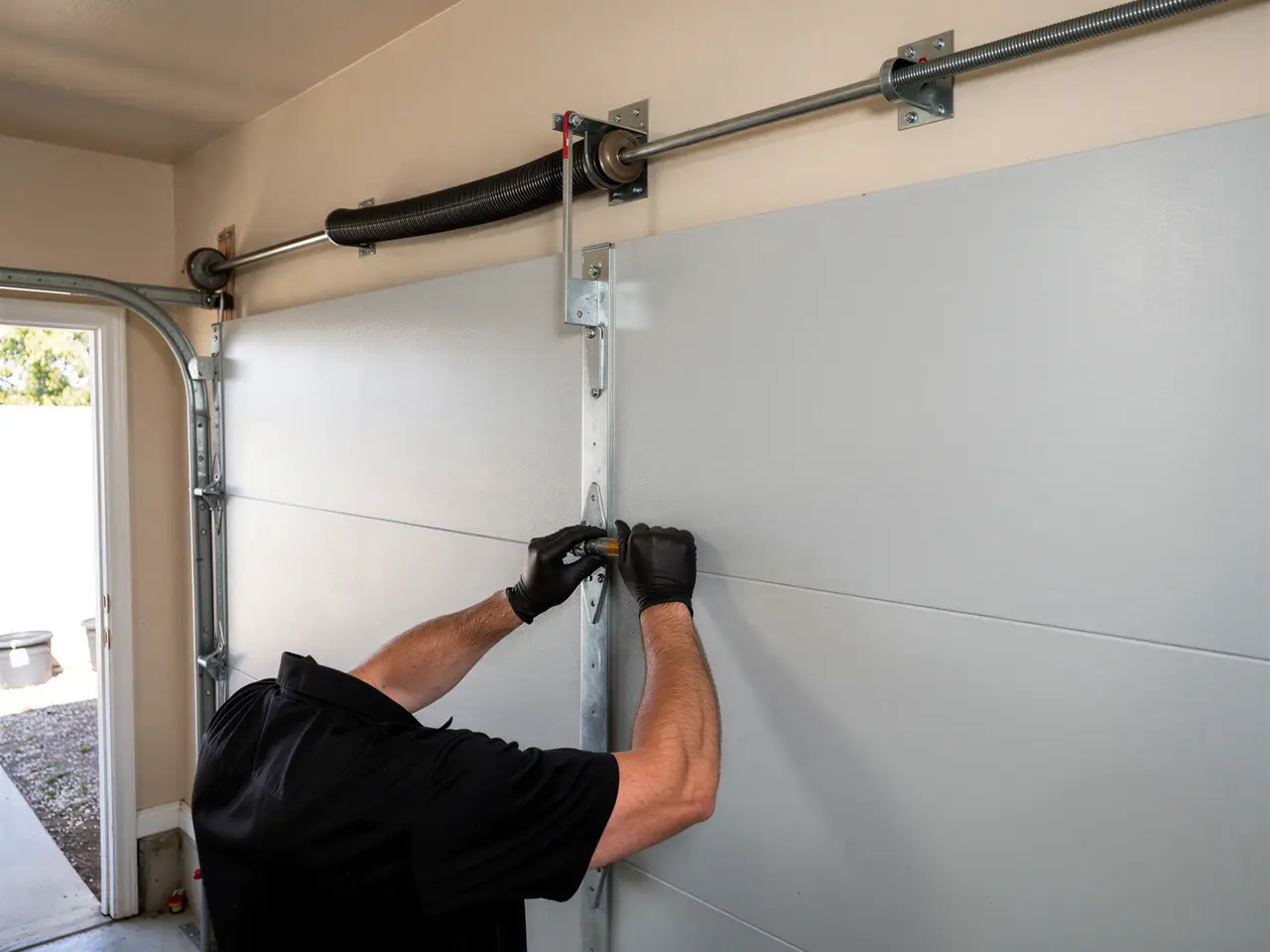 A technician in black gloves works on a gray garage door.